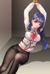 Rule 34 | 1girl, arms up, bad id, bad pixiv id, bdsm, black pantyhose, blue hair, blunt bangs, bondage, bound, bound wrists, bow, bowtie, breasts, closed mouth, commentary request, copyright request, crotch rope, frown, haimei1980, highres, indoors, knee up, large breasts, leaning to the side, long hair, long sleeves, looking at viewer, panties, panties under pantyhose, pantyhose, pink bow, pink bowtie, shibari, shibari over clothes, shirt, solo, straight hair, underwear, very long hair, white shirt