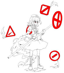 Rule 34 | !, 1girl, boots, cross-laced footwear, female focus, full body, kawashiro mitori, lace-up boots, lineart, lock, miniskirt, monochrome, naegi (naegidokoro), nibiqn, road closed sign, road closed to all sign, sign, simple background, skirt, solo, spot color, standing, tagme, touhou, warning sign, white background