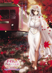 Rule 34 | 1girl, barefoot, blurry, blush, breasts, brown hair, closed mouth, comic exe, depth of field, dress, flower, green eyes, hands up, highres, large breasts, leaf, looking at viewer, maple leaf, outdoors, short hair, solo, spider lily, thighs, train, veil, white dress, white flower, white spider lily, wide hips, yanyo (ogino atsuki)