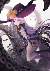 Rule 34 | 1girl, abigail williams (fate), abigail williams (third ascension) (fate), ass, black bow, black gloves, black hat, black panties, black socks, bow, closed mouth, commentary request, elbow gloves, fate/grand order, fate (series), from side, gloves, glowing, hat, hat bow, highres, key, kneehighs, long hair, looking at viewer, looking to the side, miyabi (m sakura586), orange bow, pale skin, panties, parted bangs, purple eyes, revealing clothes, smile, socks, solo, suction cups, tentacles, topless, underwear, very long hair, white hair, witch hat