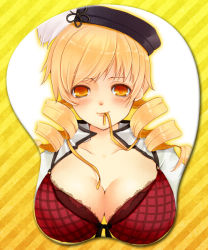Rule 34 | 10s, 1girl, bad id, bad pixiv id, beret, blonde hair, bra, breast mousepad, breasts, cleavage, drill hair, hair ornament, hat, large breasts, lingerie, magical girl, mahou shoujo madoka magica, mahou shoujo madoka magica (anime), mousepad, mousepad (medium), mouth hold, open clothes, open shirt, ribbon, shirt, solo, tomoe mami, underwear, yellow eyes, yunako (artist)