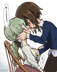 Rule 34 | 10s, 2girls, anchovy (girls und panzer), blouse, blush, braid, grabbing another&#039;s breast, breasts, brown hair, eisu (eith), from side, girls und panzer, glasses, grabbing, green hair, imminent kiss, looking at another, medium breasts, multiple girls, nishizumi maho, round eyewear, shirt, short hair, single braid, sitting, standing, white background, white shirt, yuri