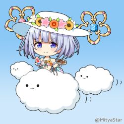 Rule 34 | 1girl, :3, bikini, blue background, blue bikini, blue eyes, blue hair, blush, chibi, closed mouth, cloud, commentary request, flower, food, gradient background, hat, hat flower, holding, holding plate, keyhole, kooribata, looking at viewer, mitya, pink flower, plate, shaved ice, shironeko project, smile, solid circle eyes, solo, sun hat, swimsuit, tina (shironeko project), tina topia, twitter username, white flower, white hat, yellow flower