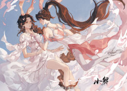 Rule 34 | 2girls, alternate costume, alternate hairstyle, animal ears, back, bare legs, black hair, blue sky, bracelet, braid, braided ponytail, brown hair, cloud, di li, douluo dalu, dress, earrings, floating, hair ornament, jewelry, looking at another, multiple girls, necklace, pink dress, ponytail, rabbit ears, second-party source, short sleeves, sky, thighhighs, white dress, xiao wu (douluo dalu)