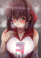Rule 34 | 1girl, absurdres, bare shoulders, blush, breasts, brown eyes, brown hair, chyazuke syake, cum, cum in clothes, cum on body, cum on breasts, cum on upper body, elbow pads, girls und panzer, hairband, hand on own chest, highres, kondou taeko, large breasts, looking at viewer, shirt, solo, sportswear, torn clothes, torn shirt, volleyball uniform, wet, wet clothes, wet shirt
