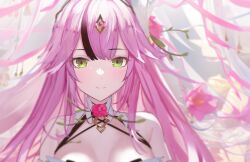 Rule 34 | 1girl, bare shoulders, blurry, breasts, closed mouth, collar, depth of field, do2mi doreimi, flower, green eyes, hair ornament, lan (tower of fantasy), large breasts, long hair, looking at viewer, multicolored hair, pink flower, pink hair, sleeveless, smile, solo, streaked hair, tower of fantasy, upper body
