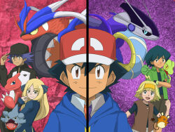 2girls 3boys adjusting_clothes adjusting_headwear aged_down aged_up ahoge alternate_hair_length alternate_hairstyle baseball_cap black_coat black_hair blonde_hair blue_jacket bonnie_(pokemon) brown_eyes brown_vest charmeleon coat commentary_request creatures_(company) crossed_arms cynthia_(pokemon) dedenne game_freak gen_1_pokemon gen_3_pokemon gen_4_pokemon gen_6_pokemon gible hairband hat highres hood hooded_jacket jacket koraidon leon_(pokemon) max_(pokemon) miraidon multiple_boys multiple_girls naranja_academy_school_uniform necktie nintendo open_mouth orange_necktie pokemon pokemon_(anime) pokemon_(creature) pokemon_dppt_(anime) pokemon_journeys pokemon_rse_(anime) pokemon_sv pokemon_xy_(anime) purple_hair purple_necktie rila_anipoke school_uniform sleeves_past_wrists smile split_screen treecko uva_academy_school_uniform vest yellow_hairband