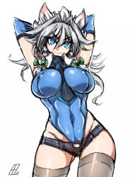 Rule 34 | 1girl, arms behind head, between breasts, blue eyes, blue gloves, breasts, covered erect nipples, covered navel, cowboy shot, curvy, elbow gloves, female focus, gloves, grey hair, grey thighhighs, groin, izayoi sakuya, large breasts, leotard, long hair, looking at viewer, necktie, necktie between breasts, shorts, simple background, smile, solo, tajima yuuki, thighhighs, thong, touhou, white background, wide hips