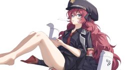 Rule 34 | 1girl, absurdres, bare legs, barefoot, black eyes, black shirt, blue archive, chamu (chammkue), food, highres, iroha (blue archive), legs, necktie, red hair, shirt, sitting, white background