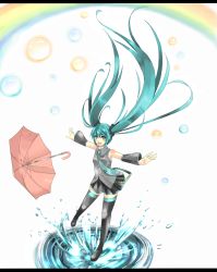 Rule 34 | 1girl, aqua eyes, aqua hair, bad id, bad pixiv id, bare shoulders, bubble, detached sleeves, hatsune miku, highres, kuro guren, legs, letterboxed, long hair, necktie, outstretched arms, rainbow, solo, splashing, spread arms, thighhighs, twintails, umbrella, very long hair, vocaloid, water, zettai ryouiki