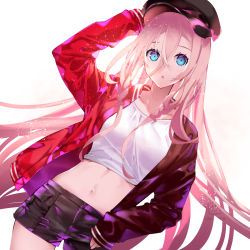 Rule 34 | 1girl, :o, absurdres, arm up, black hat, black jacket, black shorts, blue eyes, braid, breasts, cabbie hat, cevio, collarbone, crop top, hair between eyes, hat, highres, ia (vocaloid), jacket, long hair, long sleeves, midriff, open clothes, open jacket, parted lips, pink hair, red jacket, shirt, short shorts, shorts, simple background, sleeves past wrists, small breasts, solo, very long hair, vocaloid, white background, white shirt, yuuki kira