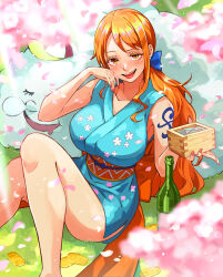 Rule 34 | 1girl, alcohol, bare legs, bare shoulders, blue ribbon, blush, bottle, breasts, cherry blossoms, dress, drunk, earrings, eyelashes, falling petals, grass, hair ribbon, hanami, hand on own cheek, hand on own face, holding, japanese clothes, jewelry, kimono, kimono dress, large breasts, lips, long hair, looking at viewer, masu, moroi, nami (one piece), official alternate costume, one piece, open mouth, orange eyes, orange hair, outdoors, pearl earrings, petals, pink nails, ribbon, shoulder tattoo, single sidelock, sitting, sleeping, smile, sunlight, swept bangs, tattoo, teeth, upper teeth only, white kimono, wide ponytail, zeus (one piece)
