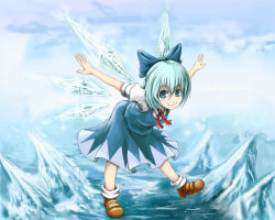 Rule 34 | 1girl, bent over, blue (pixiv), blue eyes, blue hair, bow, cirno, dress, hair bow, ice, matching hair/eyes, outstretched arms, seisetu, short hair, solo, spread arms, embodiment of scarlet devil, touhou, water, wings