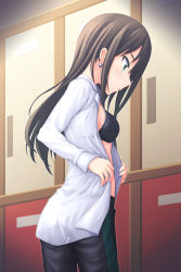 Rule 34 | 10s, 1girl, ass, black bra, black hair, bra, breasts, brown hair, clothes, earrings, from side, green eyes, idolmaster, idolmaster cinderella girls, jewelry, long hair, nu (plastic eraser), open clothes, open shirt, see-through, shibuya rin, shirt, sideboob, small breasts, solo, transparent, underwear, undressing, white shirt
