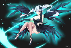 Rule 34 | 1girl, artist name, bare shoulders, black footwear, black gloves, black wings, blue eyes, breasts, brown thighhighs, cleavage, cyphers, feathered wings, frilled gloves, frills, full body, gloves, glowing, hand on own face, heterochromia, high heels, long hair, looking at viewer, multiple wings, parted lips, red eyes, ripe.c, scythe, shoes, solo, thighhighs, torn clothes, torn thighhighs, trixie (cyphers), twintails, white hair, wings