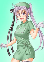 Rule 34 | 1girl, :d, akitsushima (kancolle), alternate costume, anti (untea9), blush, breasts, cowboy shot, earrings, gloves, gradient background, green background, hat, highres, jewelry, kantai collection, long hair, looking at viewer, medium breasts, nurse, nurse cap, open mouth, purple eyes, purple hair, side ponytail, sidelocks, simple background, smile, solo, thighhighs, white gloves