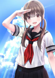 Rule 34 | 1girl, :d, arm up, bad id, bad pixiv id, black skirt, blue sky, blush, brown eyes, brown hair, chikuwa (odennabe), cloud, cloudy sky, collarbone, day, light rays, long hair, looking at viewer, low twintails, neckerchief, open mouth, original, outdoors, pleated skirt, red neckerchief, school uniform, serafuku, short sleeves, skirt, sky, smile, solo, summer, sunbeam, sunlight, twintails, uniform, upper body
