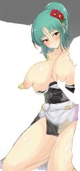 Rule 34 | absurdres, bare legs, bare shoulders, bashou (senran kagura), black kimono, blush, grabbing another&#039;s breast, breasts squeezed together, breast sucking, breasts, breasts out, brown eyes, flower, grabbing, green eyes, hair flower, hair ornament, highres, huge breasts, japanese clothes, kimono, kneeling, knees, legs, looking down, looking to the side, milk, milking, ponytail, revealing clothes, senran kagura, sexually suggestive, short hair, spread legs, sweat, thick thighs, thighs, third-party edit, undressing
