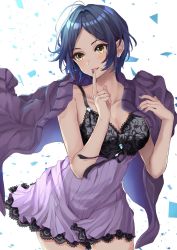 Rule 34 | 1girl, black hair, blue nails, blush, breasts, collarbone, dress, earrings, finger to mouth, hamu (plot sy), hayami kanade, highres, idolmaster, idolmaster cinderella girls, jewelry, lace, lace-trimmed dress, lace trim, lips, medium breasts, nail polish, open mouth, parted bangs, parted lips, purple dress, purple theme, short dress, short hair, sleeveless, sleeveless dress, smile, solo, yellow eyes