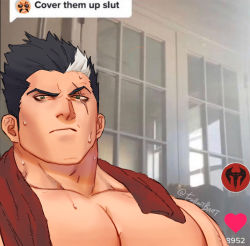 Rule 34 | 1boy, bara, black hair, closed mouth, cover them up slut (meme), darius (league of legends), dialogue box, falloutbart, green eyes, heart, large pectorals, league of legends, looking at viewer, meme, multicolored hair, muscular, muscular male, pectoral focus, pectorals, scar, scar across eye, scar on face, short hair, sideburns, solo, sweat, tiktok, towel, towel around neck, twitter username, two-tone hair, upper body, white hair