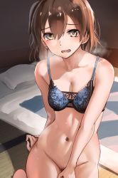 Rule 34 | 1girl, arm support, between legs, blanket, blue bra, blush, bottomless, bra, breasts, breath, brown eyes, brown hair, cleavage, collarbone, commentary request, covering privates, covering crotch, embarrassed, female pubic hair, futon, hand between legs, heavy breathing, highres, hiryuu (kancolle), indoors, kabayaki namazu, kantai collection, lace, lace-trimmed bra, lace trim, looking at viewer, medium breasts, navel, no panties, open mouth, pillow, pubic hair, short hair, side ponytail, sitting, solo, sweat, tatami, underwear, underwear only