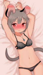 Rule 34 | 1girl, absurdres, animal ears, armpits, arms up, black bra, black panties, blush, bra, breasts, closed mouth, commentary request, cowboy shot, crystal, ear blush, grey hair, highres, jewelry, kashiwa kona, looking at viewer, lying, medium bangs, mouse ears, mouse girl, mouse tail, nazrin, nose blush, on back, on bed, panties, pendant, red eyes, short hair, small breasts, solo, tail, touhou, underwear, underwear only, wavy mouth