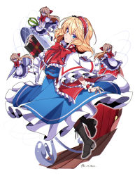 Rule 34 | 4girls, alice margatroid, apron, black dress, black footwear, blonde hair, blue dress, blue eyes, boots, bow, bowtie, capelet, doll joints, dress, frilled dress, frills, full body, hair bow, hairband, highres, holding, holding shield, holding sword, holding weapon, joints, kamenozoki momomo, long hair, looking at viewer, multiple girls, open mouth, red bow, red bowtie, red hairband, shanghai doll, shield, short hair, simple background, sword, touhou, twitter username, weapon, white apron, white background, white capelet, wrist cuffs