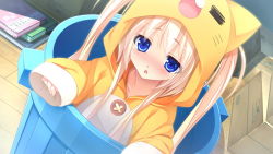 Rule 34 | 1girl, :o, animal costume, artist request, blonde hair, blue eyes, blush, bucket, child, dutch angle, game cg, in bucket, in container, jpeg artifacts, koiseyo!! imouto banchou, long hair, long sleeves, nogami mashiro, nose blush, sidelocks, sleeves past wrists, solo, trash can