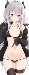 Rule 34 | 1girl, bikini, black bikini, black gloves, black jacket, black thighhighs, blush, breasts, closed mouth, cowboy shot, dot nose, gloves, gluteal fold, grey hair, heart, highres, horns, jacket, kamu (geeenius), long hair, looking at viewer, low twintails, navel, open clothes, open jacket, original, pink eyes, simple background, single thighhigh, small breasts, smile, solo, spread navel, swimsuit, thigh gap, thigh strap, thighhighs, twintails, very long hair, white background