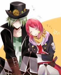 Rule 34 | 10s, 1boy, 1girl, belt, boots, closed eyes, coat, dezel (tales), gloves, green hair, hair ornament, hat, hood, jacket, open mouth, orange background, pants, red hair, rose (tales), scarf, short hair, simple background, sleeping, tales of (series), tales of zestiria, weapon