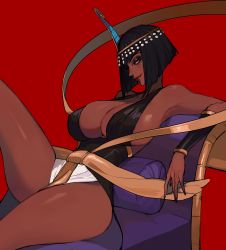 Rule 34 | 1girl, absurdres, ankh, bare shoulders, black dress, black hair, blue eyes, bob cut, breasts, cleavage, come hither, commentary, dark-skinned female, dark skin, dress, egyptian clothes, eliza (skullgirls), ennuigrl, highres, huge breasts, leg lift, lips, lying, on back, red background, revealing clothes, short hair, sideboob, simple background, sitting, skullgirls, smile, solo, thick thighs, thighs, tiara, very dark skin