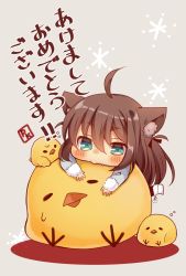 Rule 34 | 1girl, ahoge, animal ears, bad id, bad pixiv id, bird, black pantyhose, blue eyes, blush, boots, brown background, brown hair, cat ears, chibi, chick, commentary request, fang, fur-trimmed boots, fur-trimmed sleeves, fur trim, hair between eyes, highres, long hair, long sleeves, looking at viewer, original, pantyhose, pk (mukasihasakana), signature, sleeves past wrists, solo, sweat, translation request, very long hair, white footwear