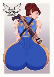 Rule 34 | 1girl, absurdres, artist name, ascended cake, ass, bare shoulders, bodysuit, brown eyes, brown hair, capcom, chun-li, curvy, double bun, fortnite, from behind, grey background, gun, hair bun, highres, huge ass, lips, looking at viewer, looking back, muscular, muscular female, skin tight, sleeveless, smile, solo, street fighter, weapon, wide hips