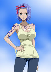 Rule 34 | 1girl, bare shoulders, black eyes, blue hair, bracelet, breasts, cleavage, conomi islands, denim, east blue, hairband, hand on own hip, highres, jeans, jewelry, large breasts, legs, looking at viewer, nel-zel formula, nojiko, one piece, pants, purple hair, short hair, simple background, smile, solo, standing, tattoo, thighs