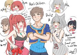 Rule 34 | 2boys, 5girls, absurdres, animal ears, black hair, blonde hair, blue eyes, brown hair, cat ears, core crystal (xenoblade), english text, father and daughter, glimmer (xenoblade), grey hair, half-siblings, highres, mio (xenoblade), mother and daughter, multiple boys, multiple girls, mythra (xenoblade), nia (xenoblade), noah (xenoblade), open mouth, pyra (xenoblade), red eyes, red hair, rex (xenoblade), siblings, sisters, sofusan1526, speech bubble, xenoblade chronicles (series), xenoblade chronicles 2, xenoblade chronicles 3, xenoblade chronicles 3: future redeemed, yellow eyes