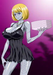 Rule 34 | 1girl, blonde hair, blue skin, breasts, cleavage, colored skin, covered erect nipples, dress, female focus, highres, huge breasts, jewelry, legs, looking at viewer, necklace, nel-zel formula, one piece, plate, purple eyes, scar, serious, short hair, simple background, solo, source request, standing, thighs, victoria cindry, zombie, zombie girl