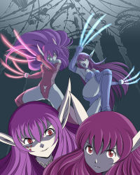 Rule 34 | 2girls, battle, boots, claw (weapon), claws, facial mark, fangs, highres, leotard, long hair, multiple girls, nei, neifirst, phantasy star, phantasy star ii, pointy ears, purple footwear, purple hair, sega, siblings, sisters, spoilers, thigh boots, thighhighs, weapon