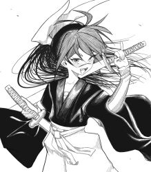 Rule 34 | 1girl, :d, blush, commentary request, dual wielding, floating hair, greyscale, hakama, highres, holding, holding sword, holding weapon, isekai samurai, japanese clothes, k i r i p o, katana, kimono, long hair, long sleeves, looking at viewer, monochrome, open mouth, scar, scar on face, scar on nose, simple background, smile, solo, sword, tsukitsuba ginko, very long hair, weapon, white background, wide sleeves