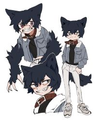 Rule 34 | 1boy, :3, animal ears, animal hands, black hair, black shirt, claws, closed mouth, commentary, deviidog0, english commentary, fangs, full body, fur-trimmed jacket, fur trim, grey eyes, grey jacket, grin, hands up, highres, jacket, long sleeves, looking at viewer, male focus, monster boy, multiple views, original, pants, red pupils, shirt, shoes, short hair, simple background, smile, sneakers, standing, star-shaped pupils, star (symbol), symbol-shaped pupils, tail, white background, white pants, wolf boy, wolf ears, wolf tail