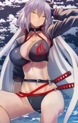 Rule 34 | 1girl, bikini, black bikini, black choker, black gloves, black jacket, blue sky, breasts, choker, cleavage, cloud, collarbone, commentary request, cropped jacket, fate/grand order, fate (series), gloves, hair between eyes, hand on own head, jacket, jeanne d&#039;arc alter (swimsuit berserker) (fate), jeanne d&#039;arc (fate), jeanne d&#039;arc alter (fate), jeanne d&#039;arc alter (swimsuit berserker) (fate), katana, large breasts, long hair, multiple swords, navel, o-ring, o-ring bikini, o-ring bottom, o-ring top, partially submerged, pen (pen3), shrug (clothing), silver hair, sitting, sky, solo, swimsuit, sword, very long hair, water, weapon, yellow eyes