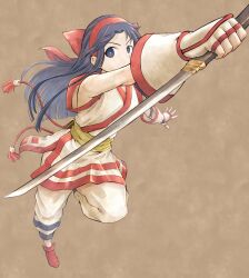 Rule 34 | 1girl, ainu clothes, arm up, attack, blue eyes, blue hair, breasts, fingerless gloves, gloves, hair ribbon, highres, leg up, legs, long hair, looking at viewer, medium breasts, nakoruru, pants, ribbon, samurai spirits, serious, snk, solo, the king of fighters, thighs, traditional media, weapon