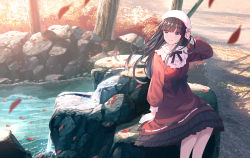 Rule 34 | 1girl, adjusting hair, black hair, black ribbon, blue eyes, blush, closed mouth, dress, hand in own hair, hand up, hat, highres, koh rd, leaf, long hair, long sleeves, neck ribbon, original, outdoors, red dress, ribbon, sitting, smile, solo, water, white hat