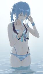 Rule 34 | 1girl, absurdres, bikini, blue hair, breasts, closed eyes, food, food in mouth, hair between eyes, highres, holding, holding food, holding ice cream, hololive, hololive summer 2023 swimsuit, hoshimachi suisei, ice cream, jessmka7, medium hair, partially submerged, side ponytail, small breasts, solo, striped bikini, striped clothes, swimsuit, virtual youtuber, water drop, wet, wristband