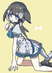 Rule 34 | 10s, :o, blue eyes, blue nails, blush, cetacean tail, dress, fins, fish tail, frilled dress, frills, highres, kemono friends, kneeling, loafers, long hair, multicolored clothes, multicolored hair, nail polish, narwhal (kemono friends), neckerchief, open mouth, petit ramune, puffy short sleeves, puffy sleeves, shoes, short sleeves, socks, solo, tail