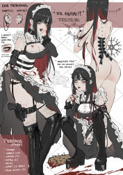 Rule 34 | 1girl, black hair, blood, boots, cigarette, clothes lift, english text, expulse, goth fashion, guro, highres, long hair, maid, maid headdress, open mouth, original, piercing, scar, skirt, skirt lift, smoking, weapon, zenith (expulse)
