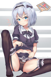 Rule 34 | 10s, 1girl, black bow, black panties, black shirt, black sleeves, black thighhighs, blouse, blue eyes, bow, bridal garter, closed mouth, clothes lift, dated, feet, female focus, frown, garter belt, garter straps, gothic lolita, hair between eyes, hair bow, hair intakes, hairband, head tilt, highres, icwine, lifting own clothes, lolita fashion, no shoes, panties, ryuuou no oshigoto!, shirt, shirt lift, silver hair, sitting, solo, sora ginko, spread legs, tears, thighhighs, toes, underwear, v-shaped eyebrows