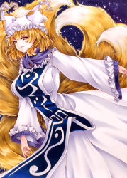 Rule 34 | 1girl, animal hat, aura, blonde hair, breasts, dress, fingernails, floating hair, fox tail, frilled hat, frilled sleeves, frills, grin, half-closed eyes, hat, highres, large breasts, long sleeves, looking at viewer, looking down, marker (medium), mktr (princess mktr), mob cap, multiple tails, nail polish, neck ruff, pink nails, shiny clothes, short hair, sidelocks, sky, slit pupils, smile, solo, star (sky), starry sky, tabard, tail, texture, touhou, traditional media, white dress, white hat, wide sleeves, yakumo ran, yellow eyes