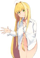 Rule 34 | 10s, 1girl, ahoge, arm behind back, blonde hair, blush, bottomless, breasts, collarbone, dress shirt, fate/extra, fate (series), green eyes, hair intakes, highres, hip focus, kei (soundcross), long hair, looking at viewer, medium breasts, naked shirt, nero claudius (fate), nero claudius (fate) (all), nero claudius (fate/extra), no panties, shirt, simple background, smile, solo, thighs, very long hair, white background, white shirt