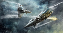 Rule 34 | aerial battle, aircraft, airplane, bad id, bad pixiv id, battle, contrail, dogfight, f-15 eagle, fighter jet, fire, jet, machinery, military, military vehicle, mobius (suicideloli), motor vehicle, original, rafale m, rain, vehicle, vehicle focus, water