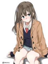 Rule 34 | 1girl, absurdres, amu (258shin), aqua eyes, arms at sides, bad id, bad pixiv id, brown hair, brown jacket, buttons, commentary request, highres, jacket, long hair, miniskirt, necktie, original, pleated skirt, red necktie, school uniform, simple background, sitting, skirt, solo, sweater vest, twitter username, white background